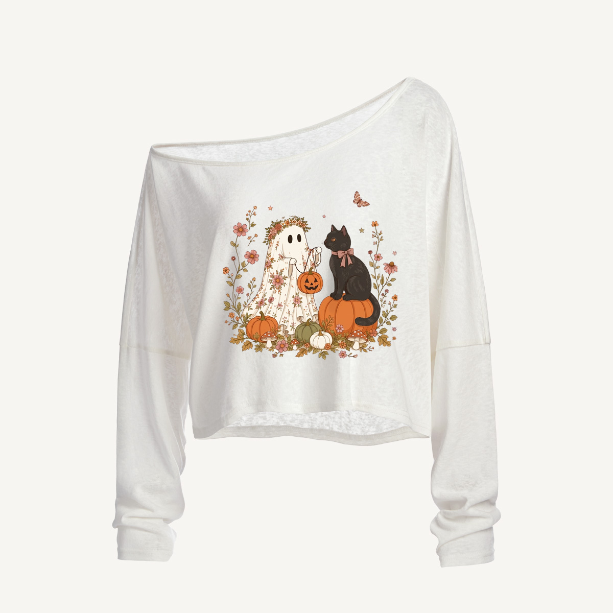 Garden Pumpkin Cat & Ghost Long Sleeve Off Shoulder T-shirt