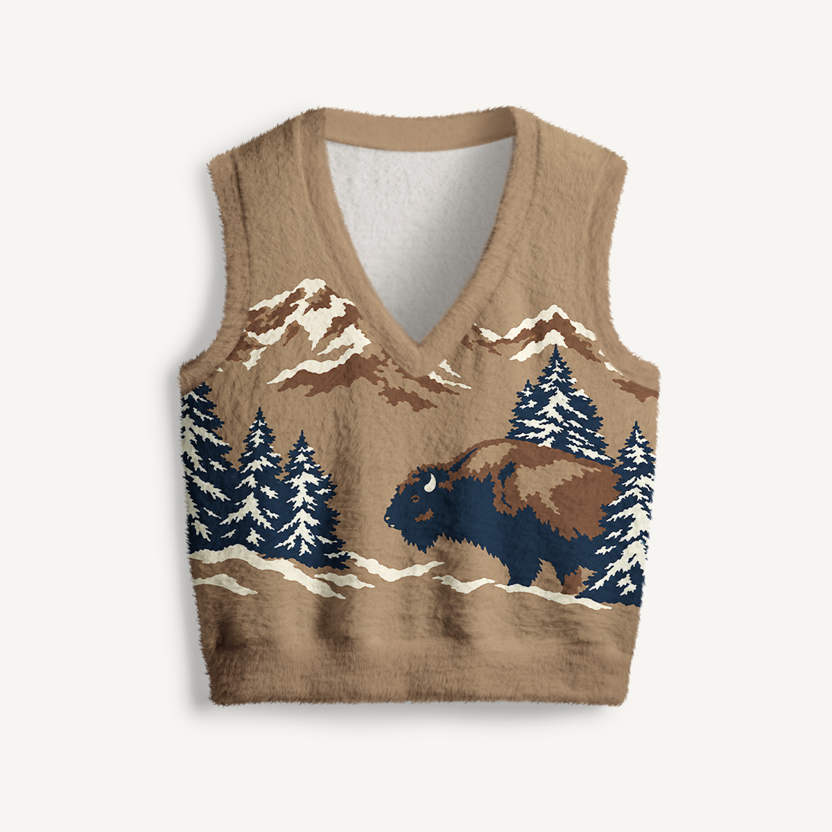 Wild Bison Mountain Print V-Neck Sweater Vest