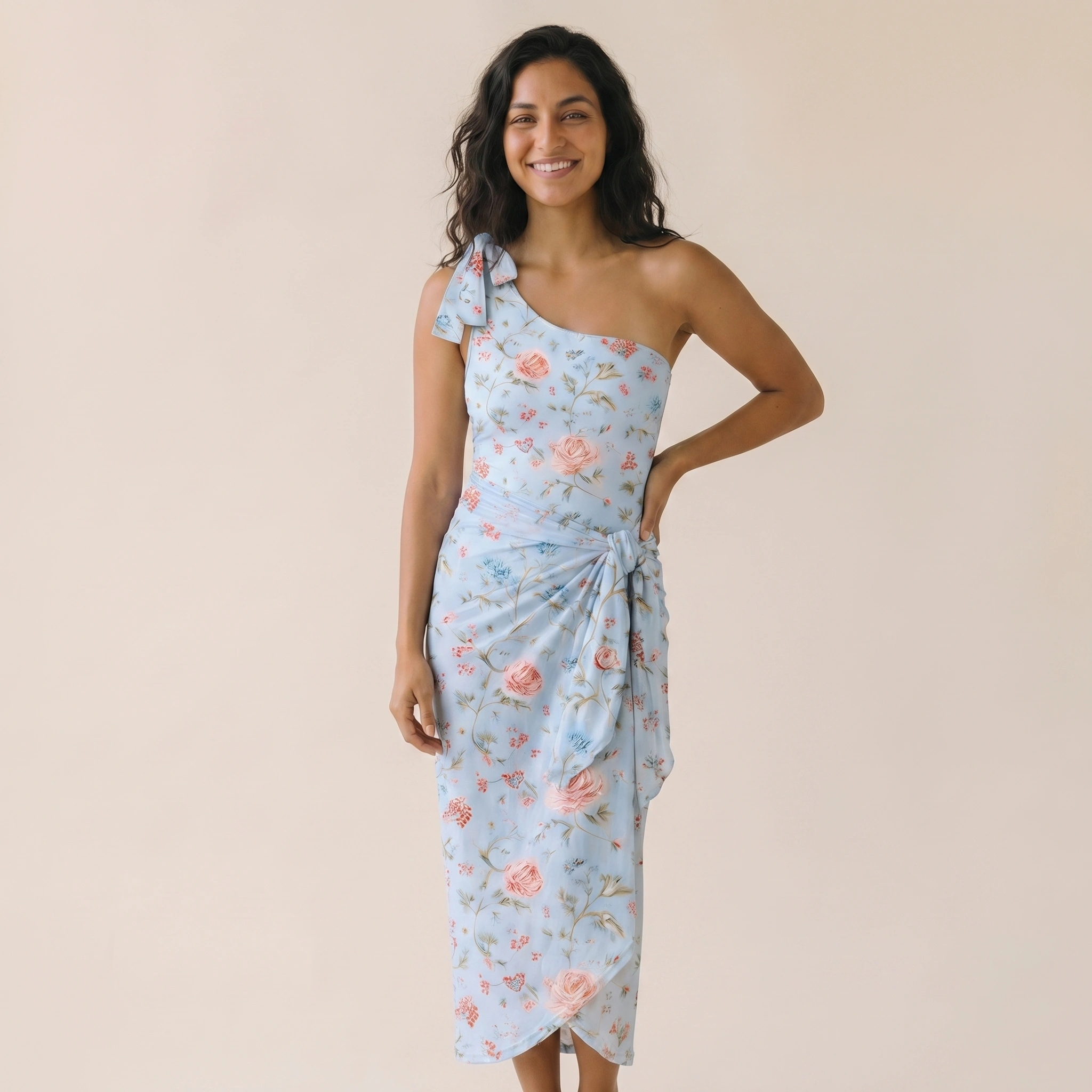 Blue Rose Floral One Shoulder One Piece Swimsuit and Matching Sarong Set for Women