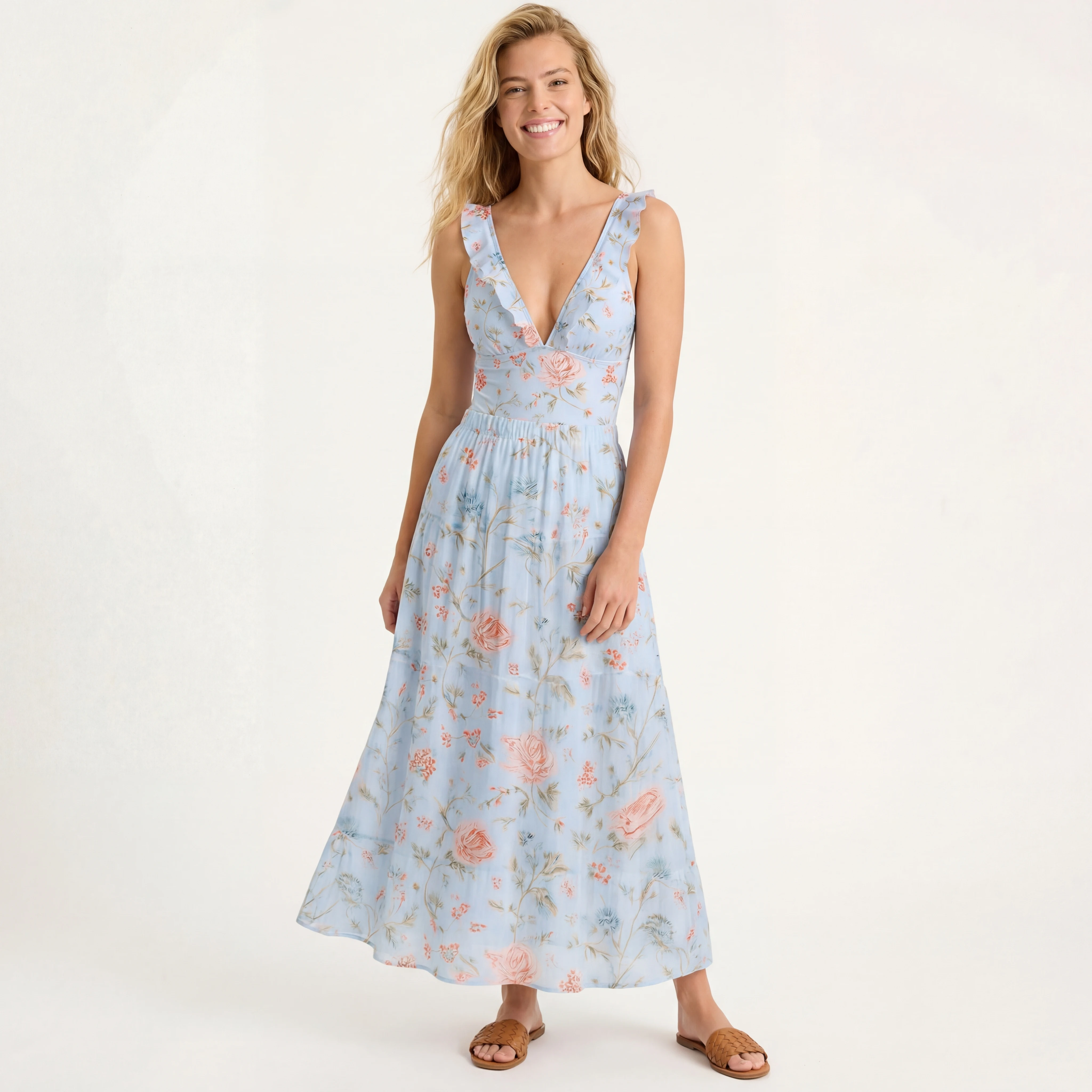 Rosabelle Bloom Ruffled V Neck One Piece Swimsuit and Matching Midi Skirt Set