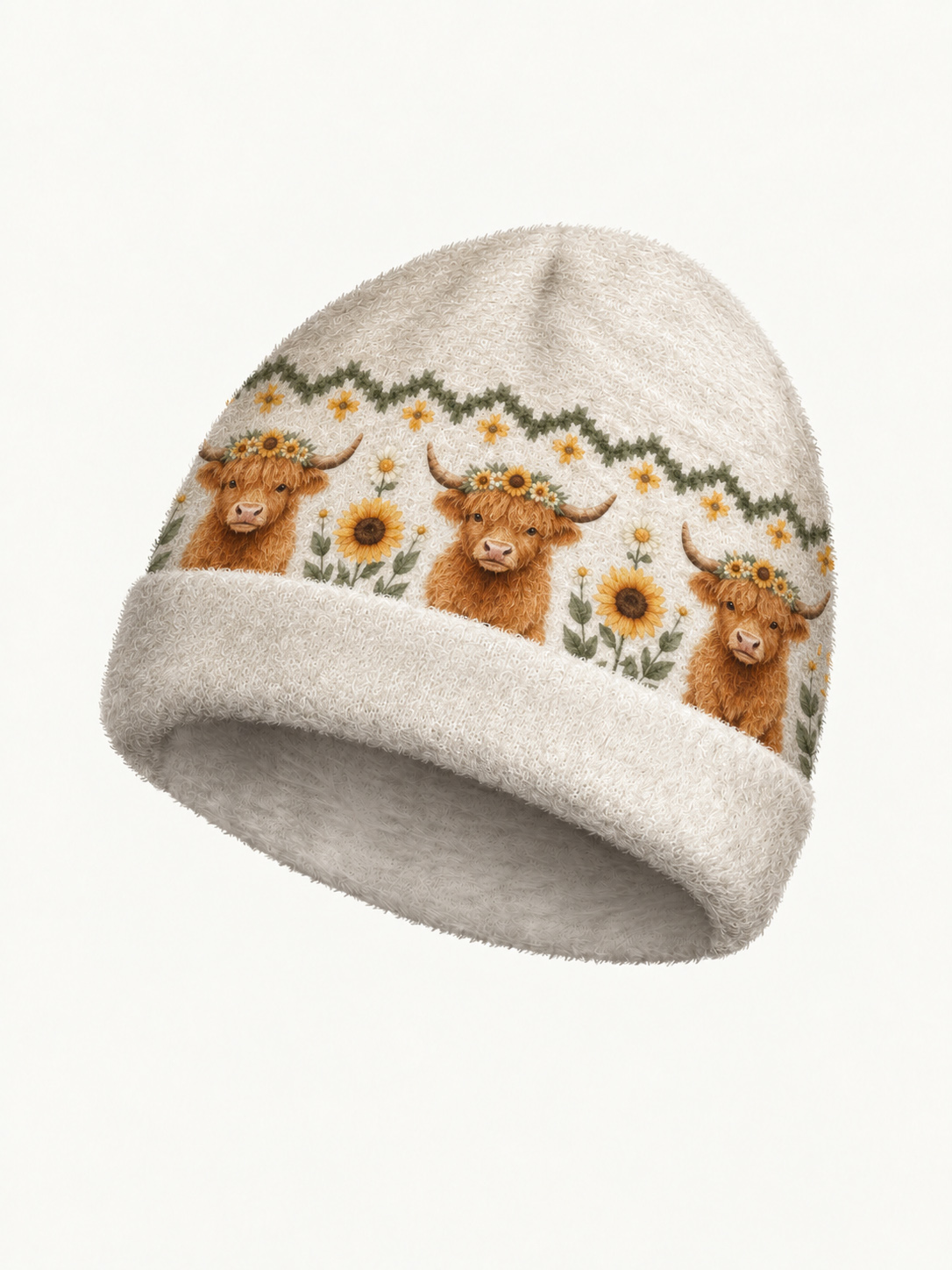 Spring Highland Cow Floral Cozy Fuzzy Beanie