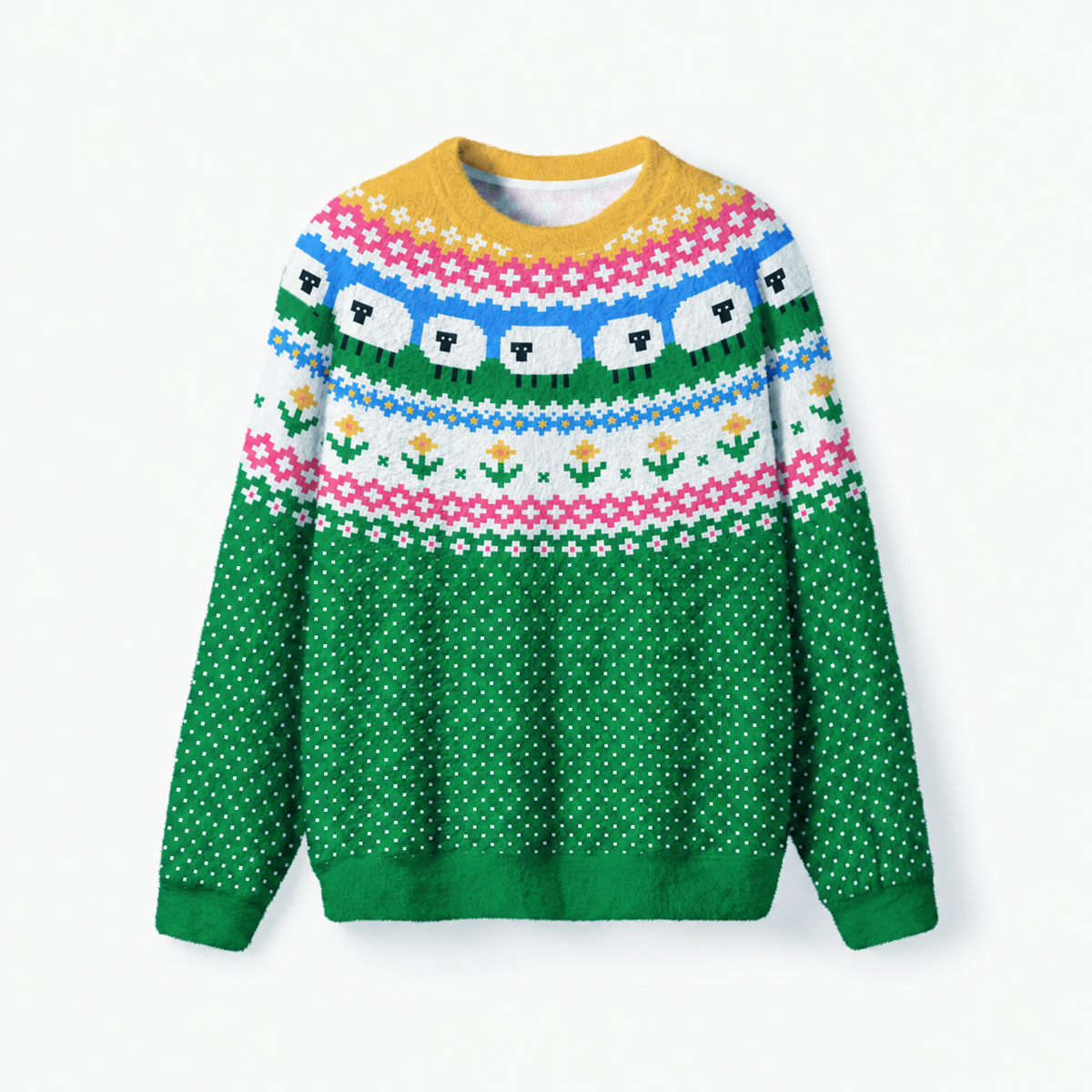 Meadow Sheep Fair Isle Fuzzy Crewneck Sweater