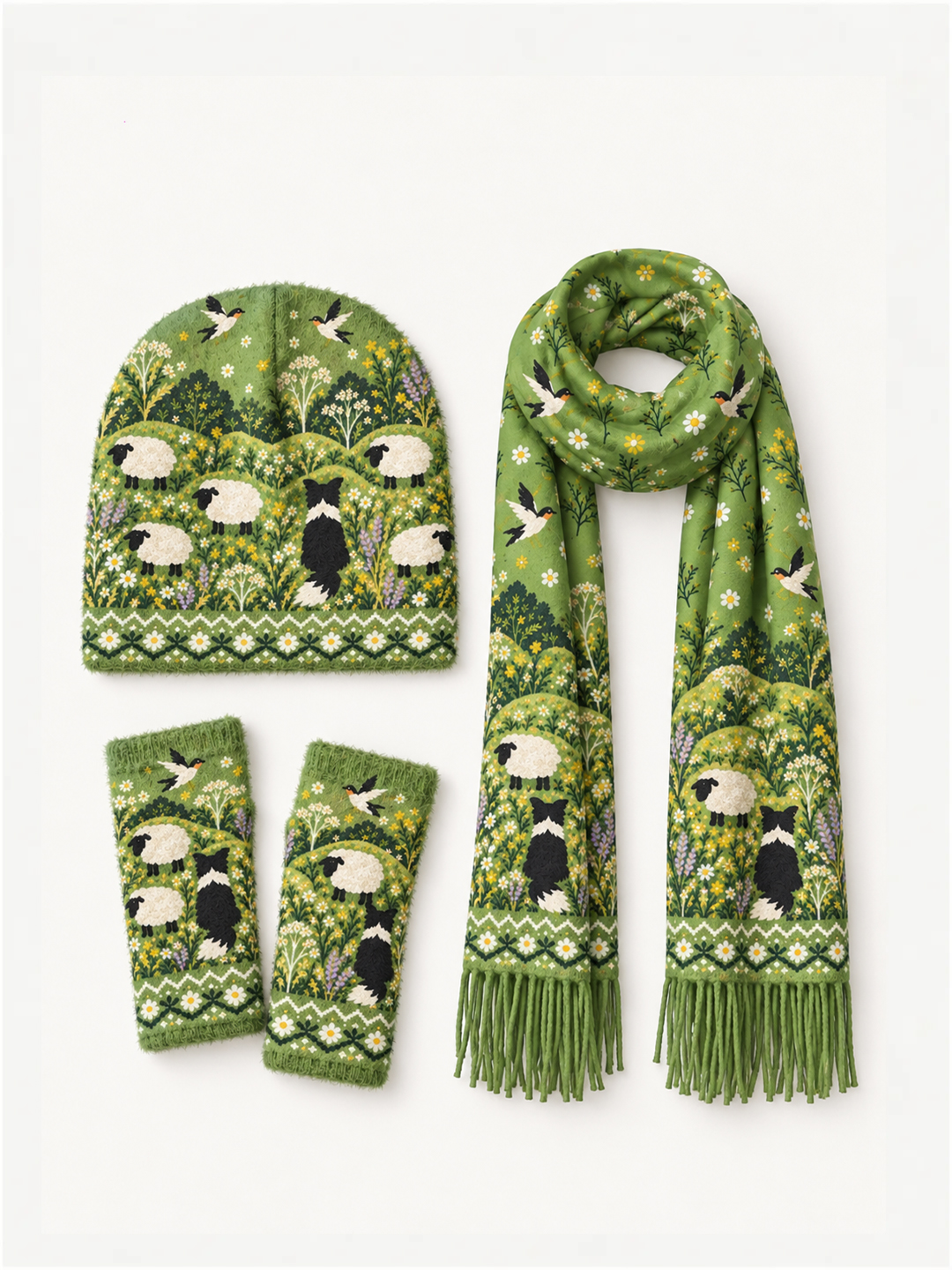 Sheep Herding Dog Beanie Scarf & Fingerless Gloves Set