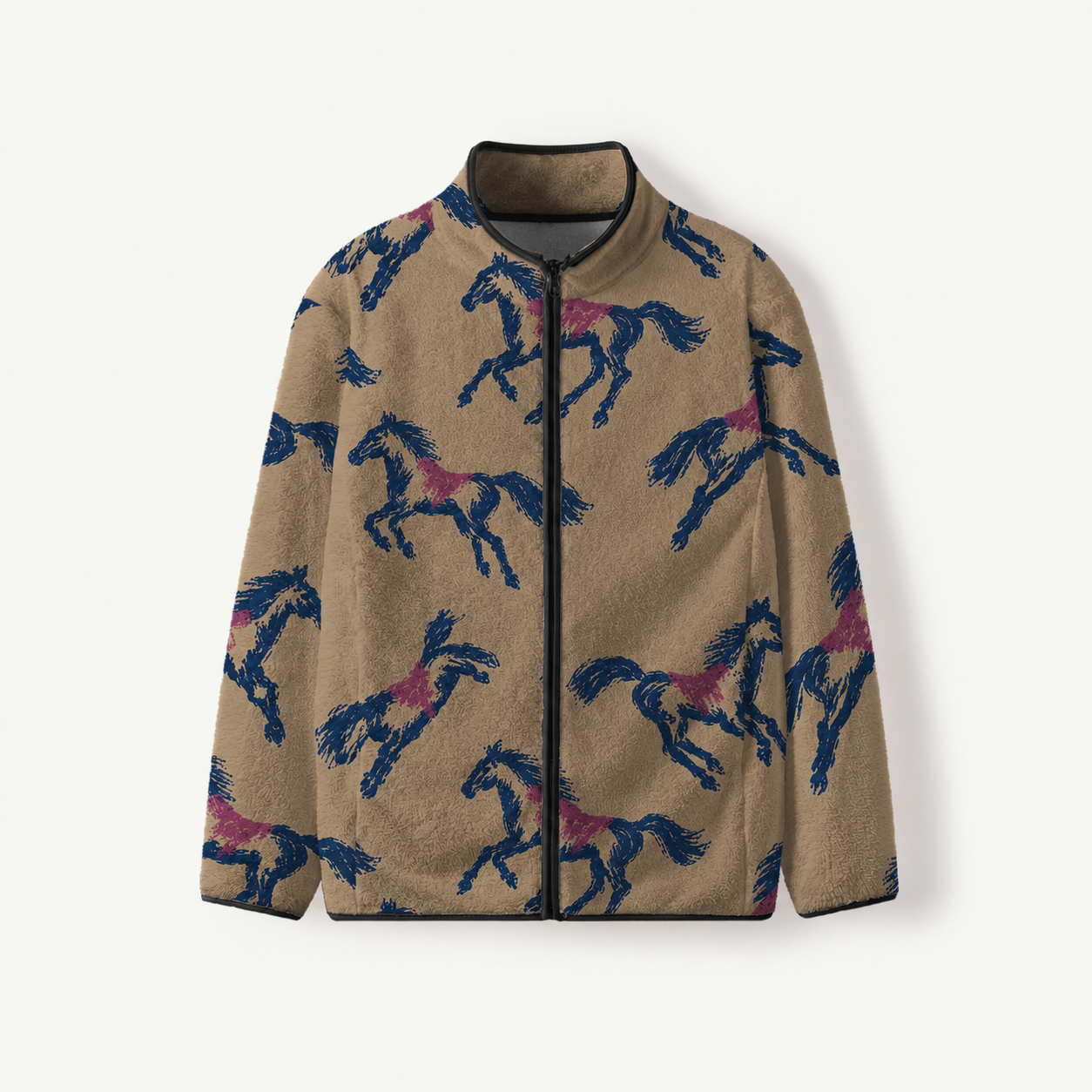 Brown Galloping Horse Print Fleece Jacket