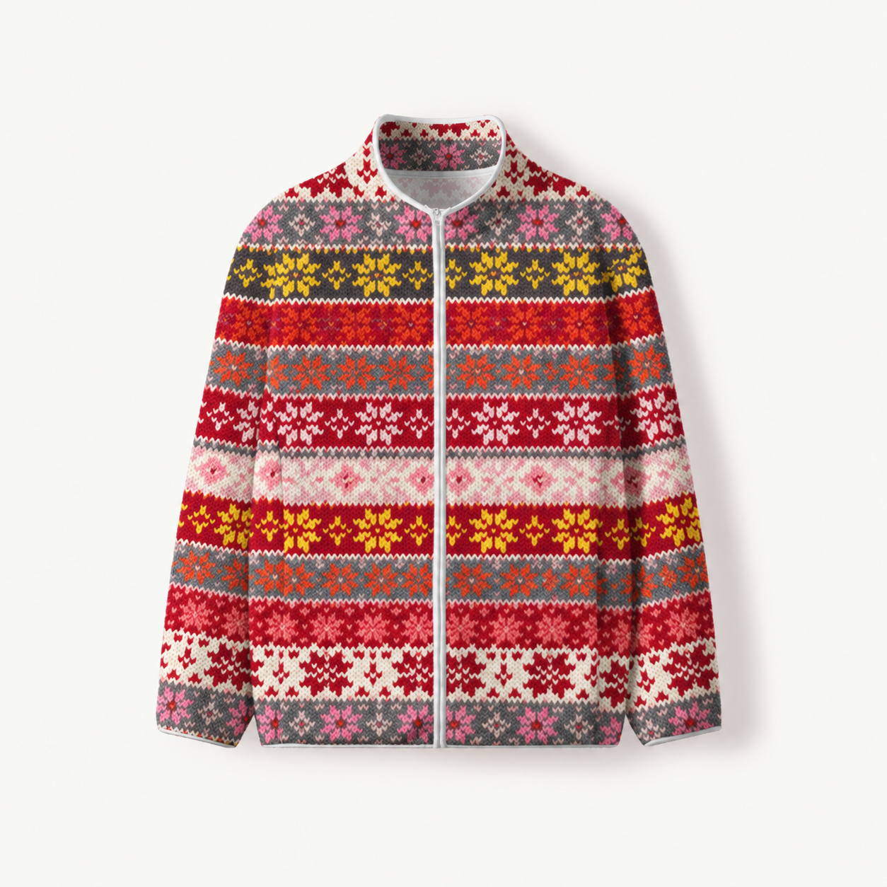 Red Vintage Snowflake Print Fleece Jacket