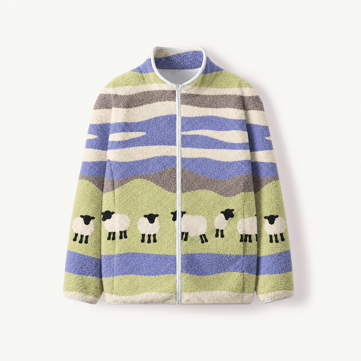 Rolling Pasture Sheep Print Fleece Jacket