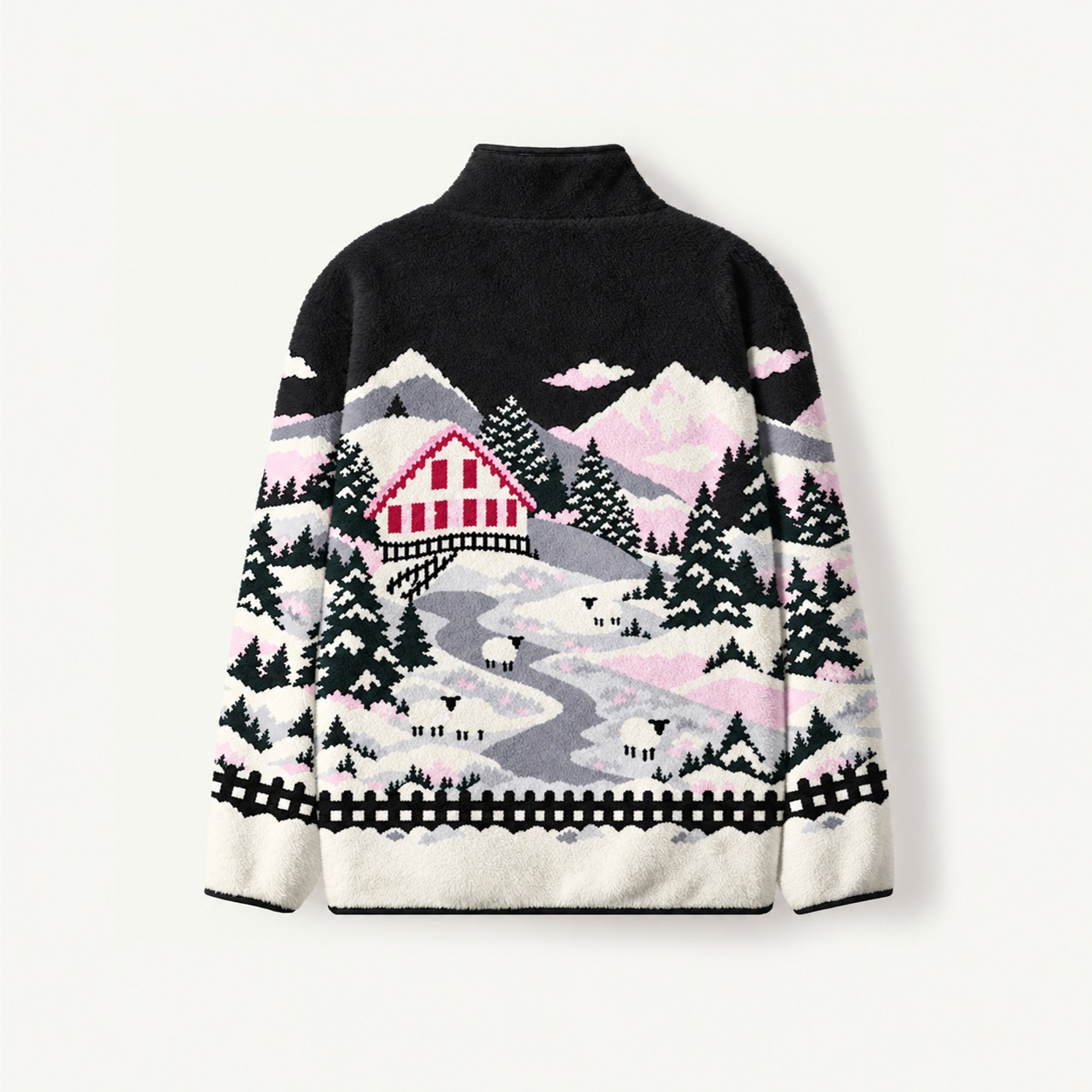 Pink Snowy Cabin Valley Print Fleece Jacket