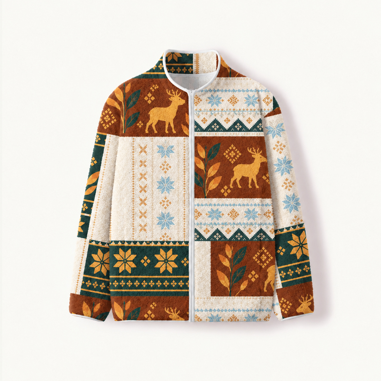 Forest Reindeer Cabin Quilt Print Fleece Jacket