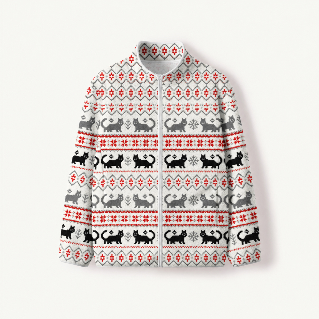 Nordic Fair Isle Cats Print Fleece Jacket