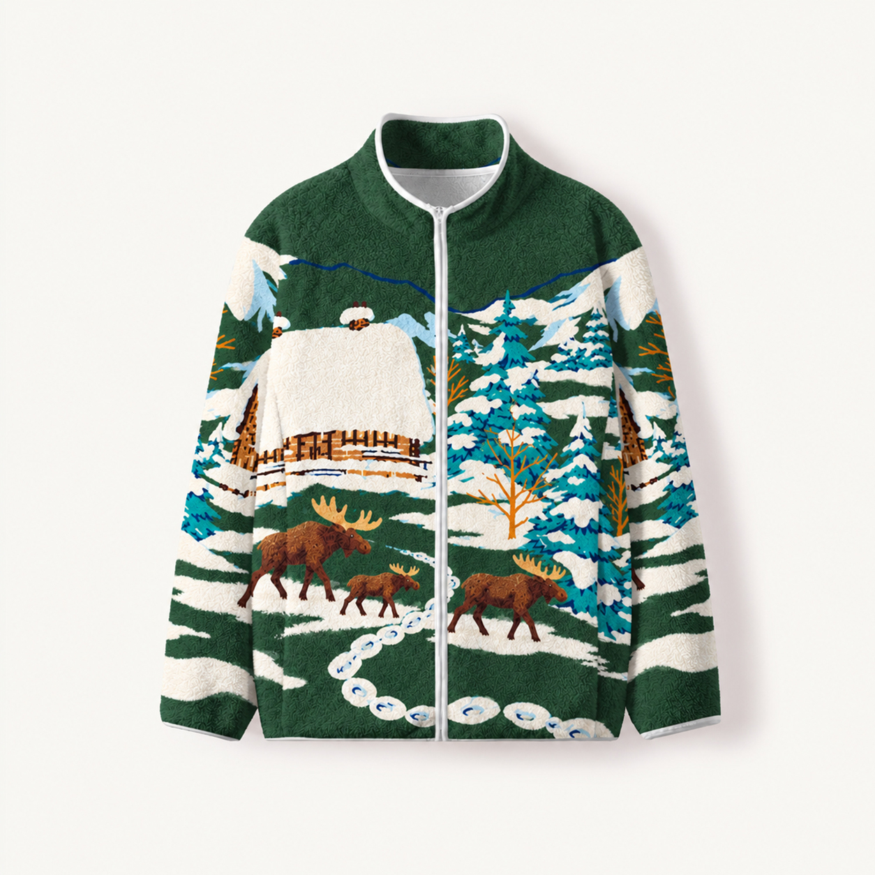 Snowy Cabin Moose Family Print Fleece Jacket