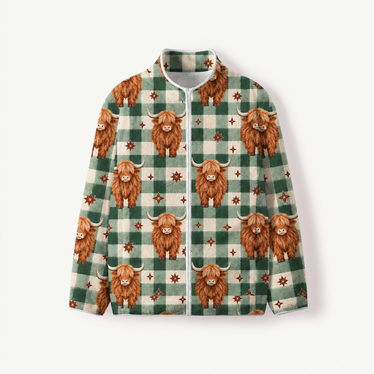 Highland Cow Plaid Print Fleece Jacket