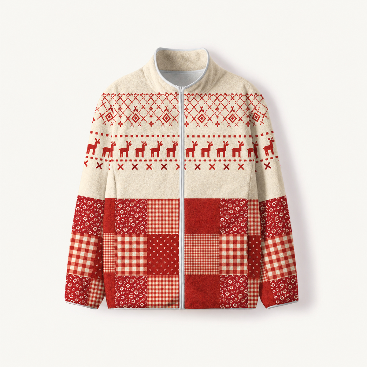 Rustic Red Reindeer Cabin Print Fleece Jacket