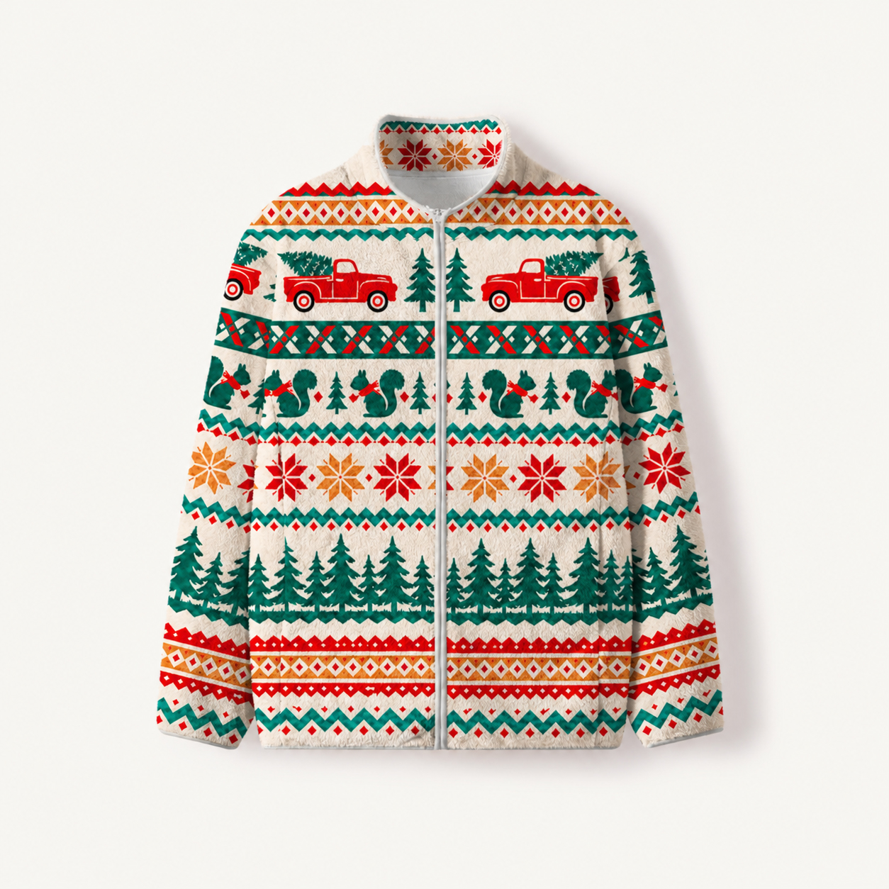 Vintage Red Truck Knit Print Fleece Jacket