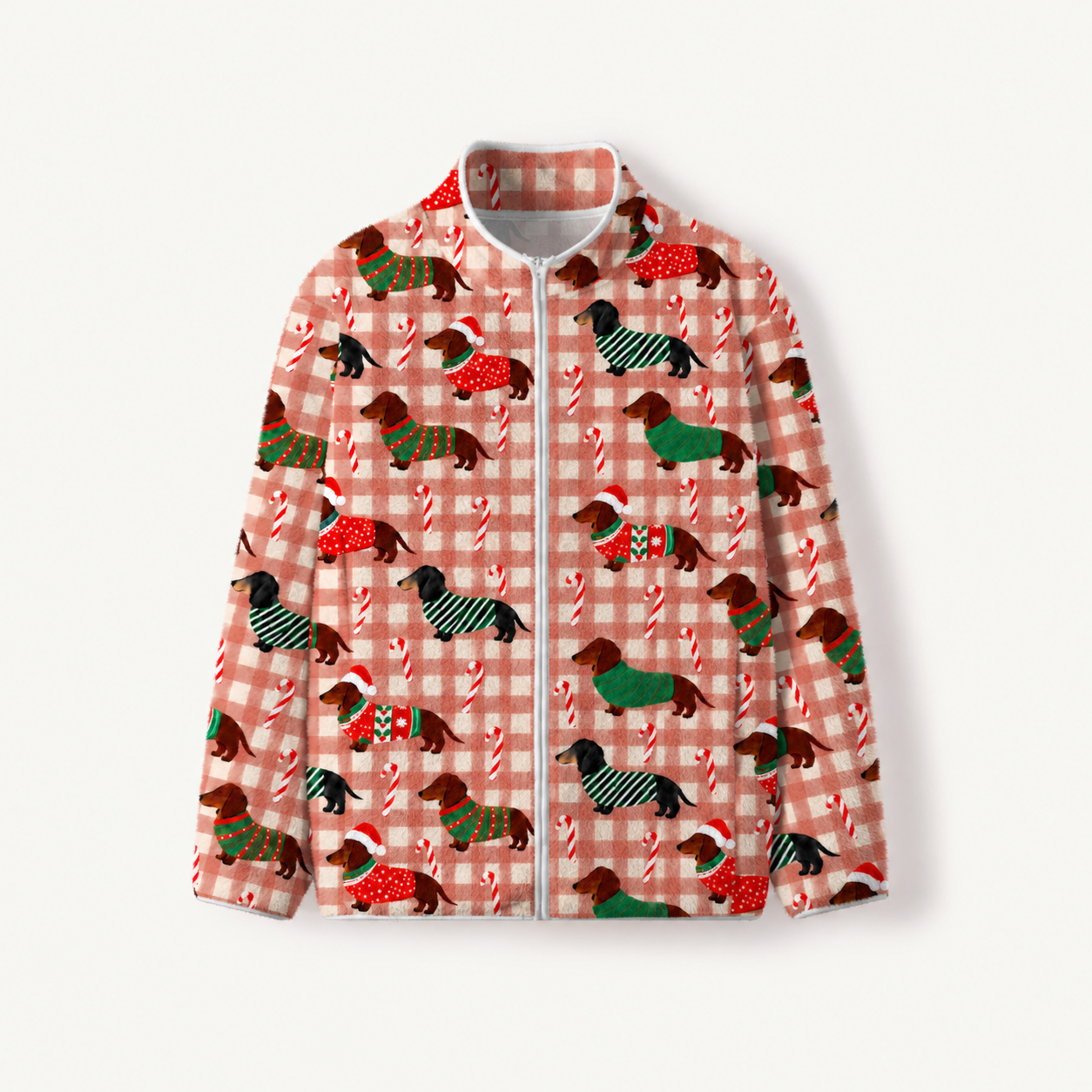 Cozy Dachshund Candy Cane Print Fleece Jacket