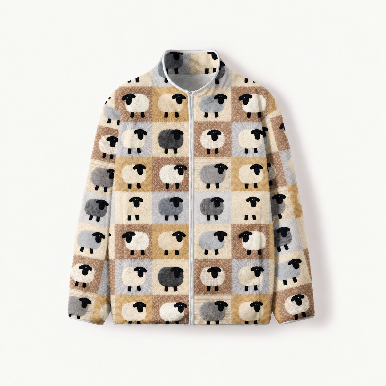 Cozy Sheep Patchwork Quilt Print Fleece Jacket