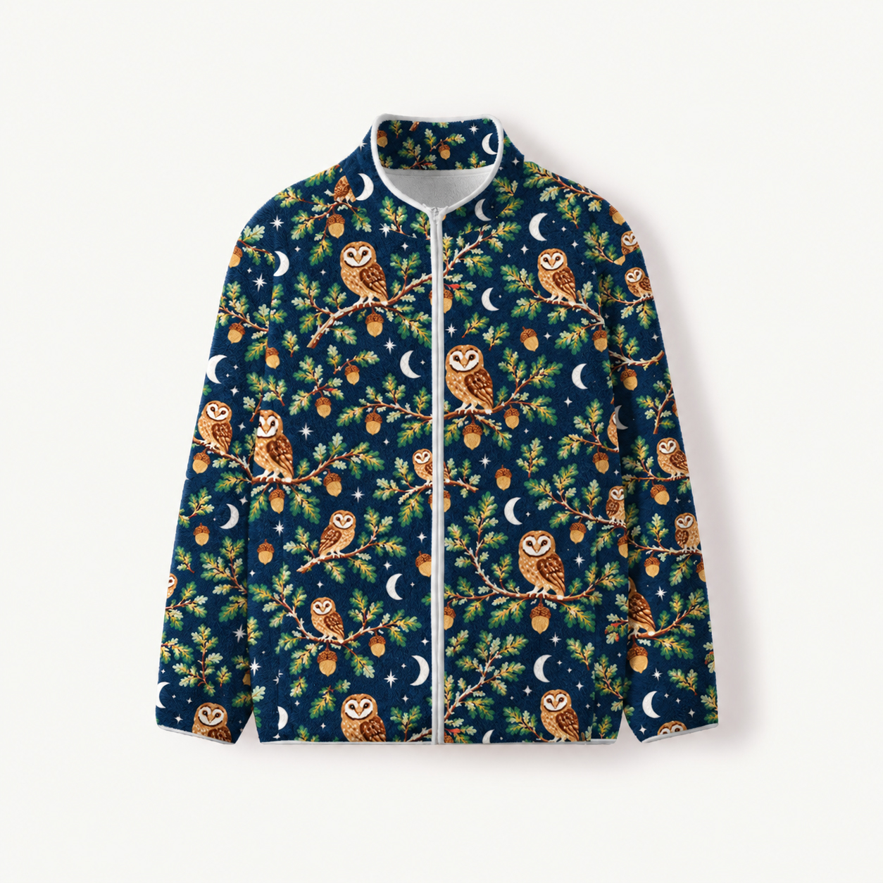 Vintage Night Sky Owls Print Fleece Jacket