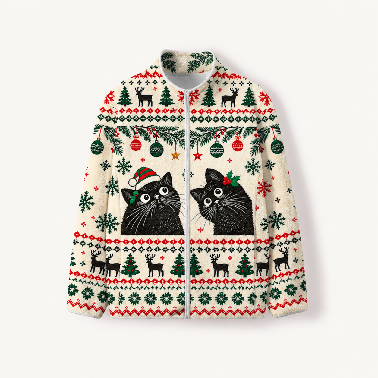 Festive Christmas Black Cats Print Fleece Jacket