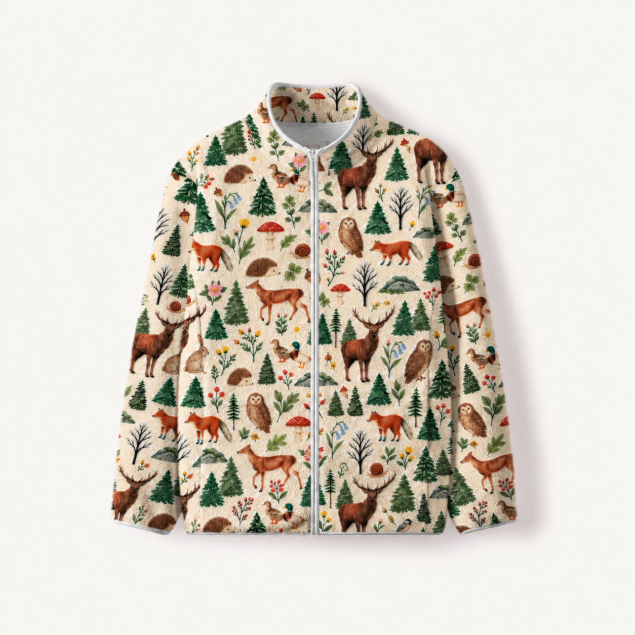 Rustic Wildlife Pine Forest Print Fleece Jacket