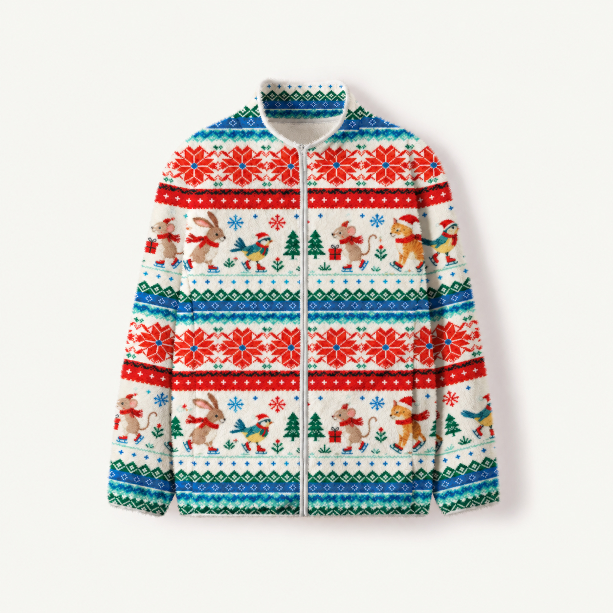 Nordic Holiday Animal Stripe Print Fleece Jacket
