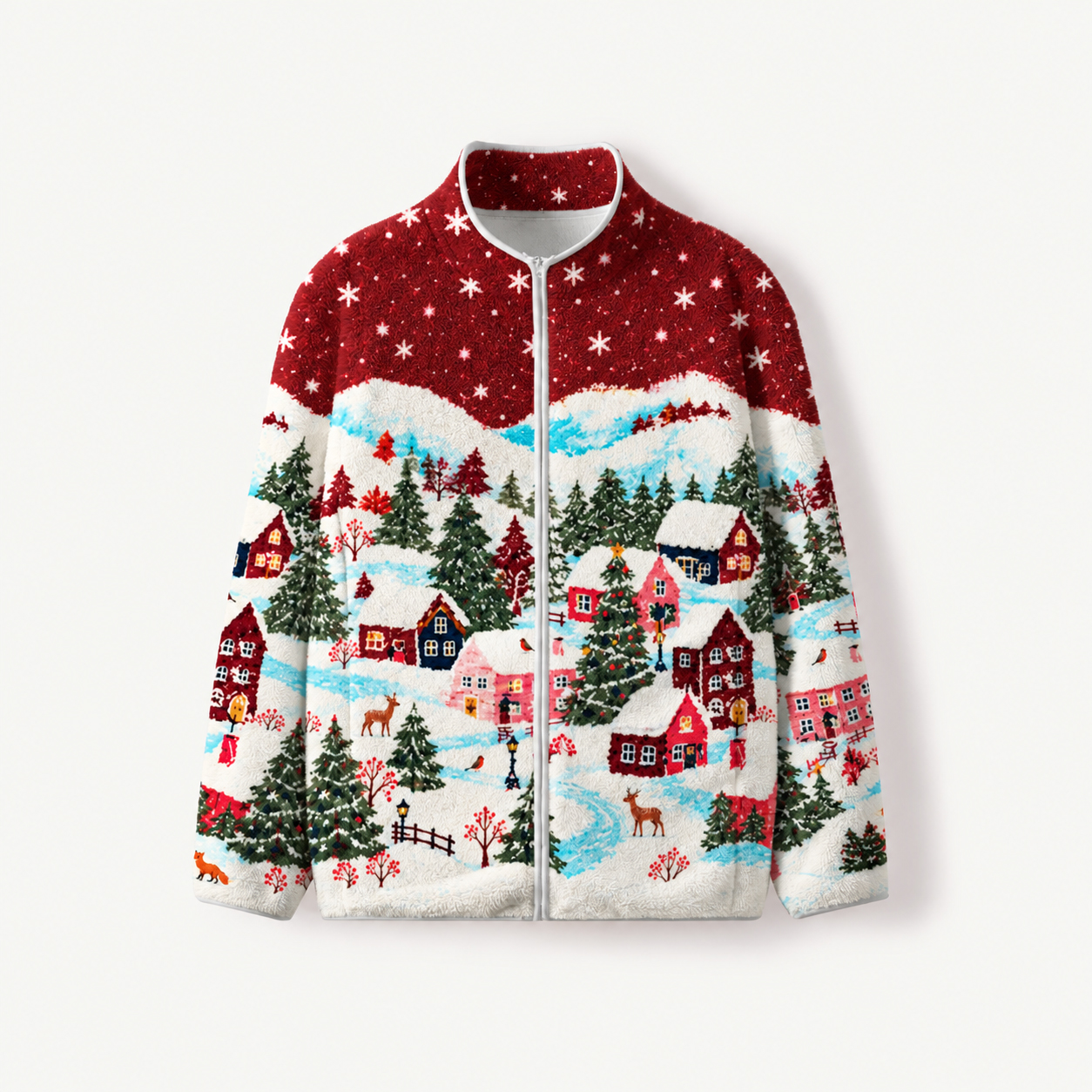 Vintage Festive Forest Village Print Fleece Jacket