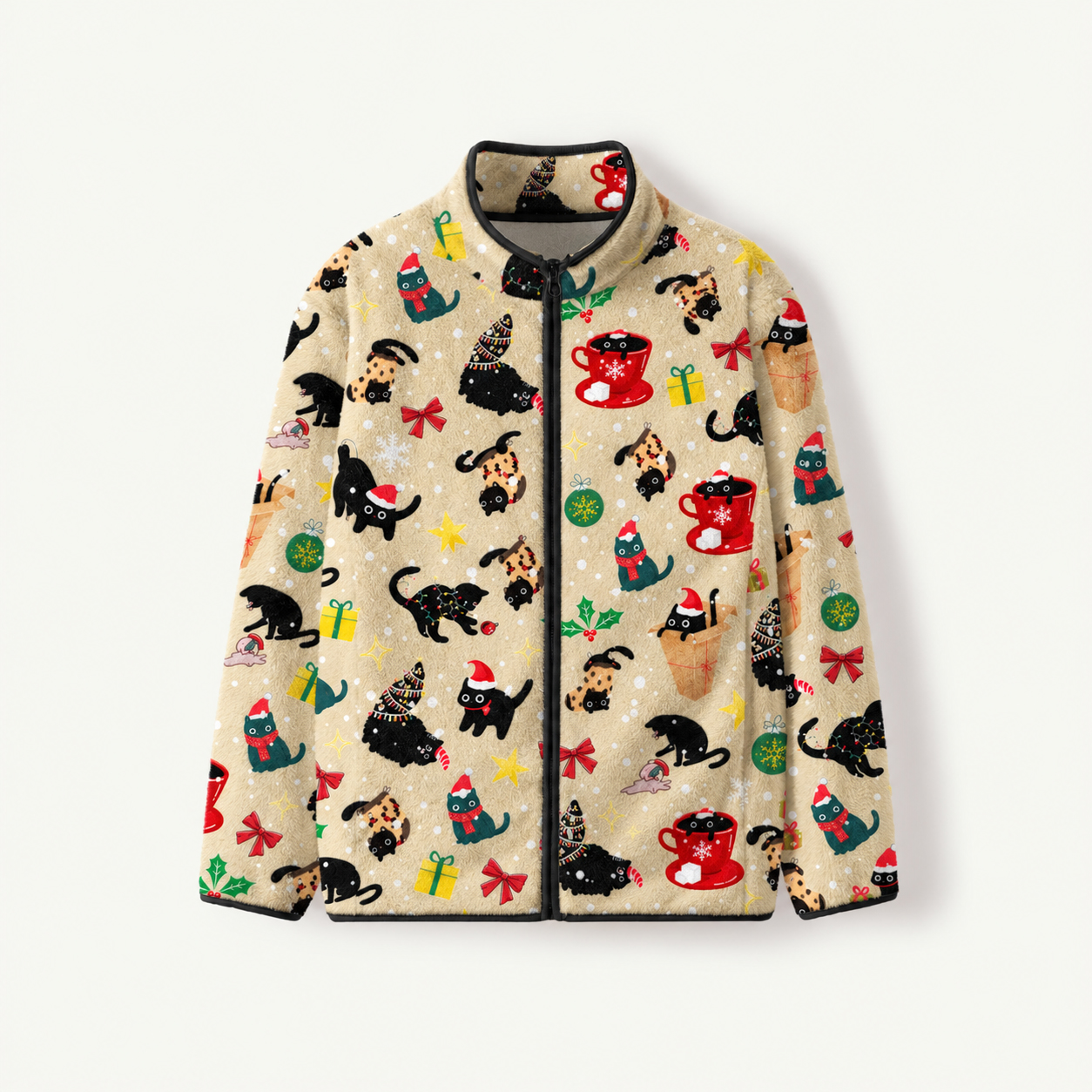 Playful Christmas Black Cats Print Fleece Jacket