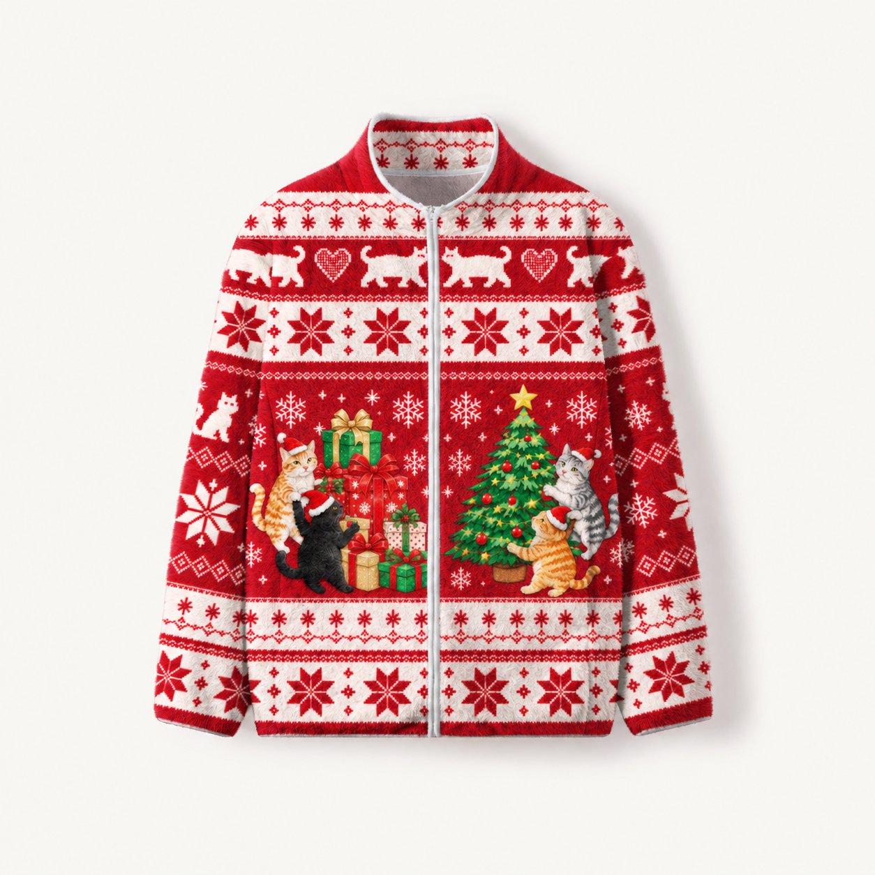 Cozy Red Cat Print Fleece Jacket