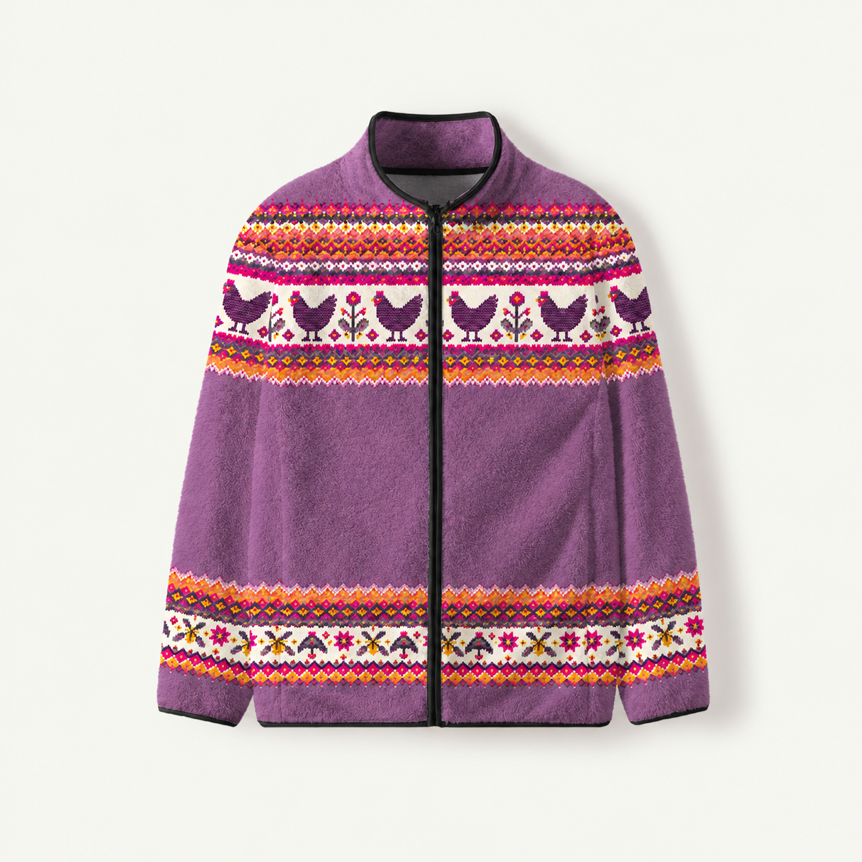 Purple Farmhouse Hen Stripe Print Fleece Jacket