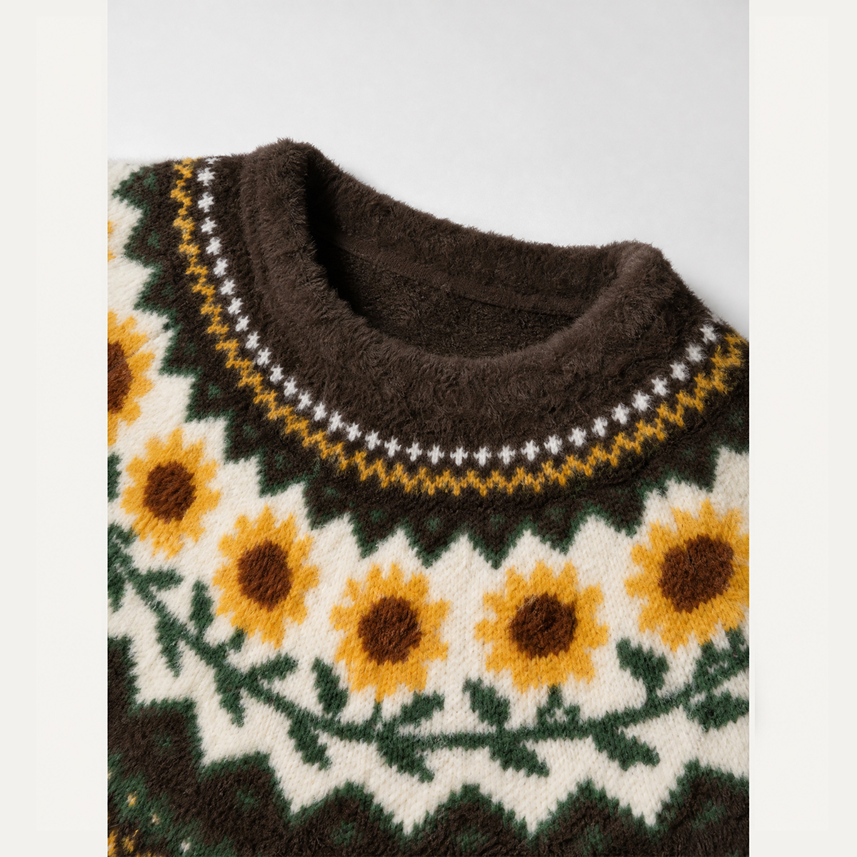 Rustic Sunflower Floral Fuzzy Crewneck Sweater