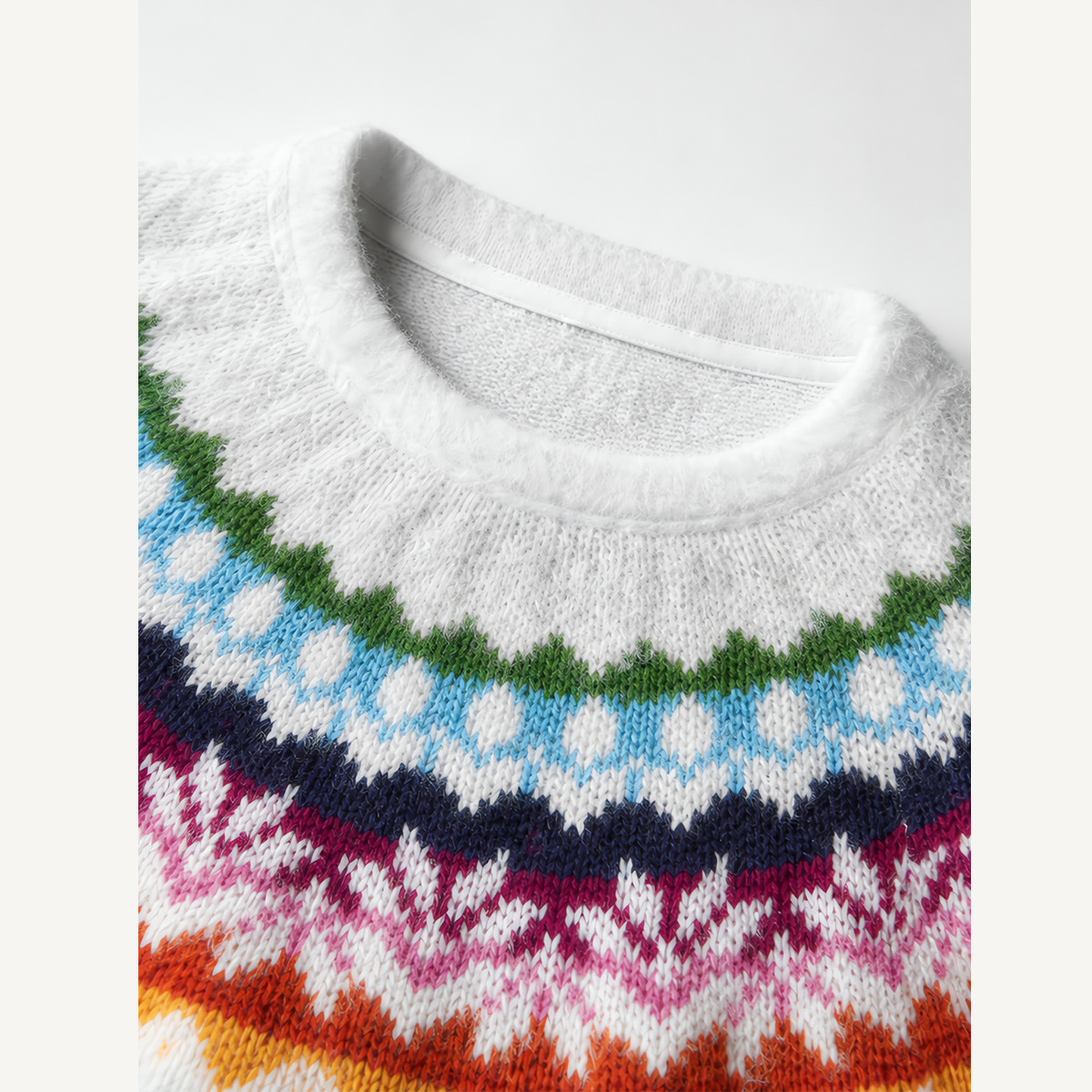 Colorful Nordic-Inspired Yoke Cozy Fuzzy Crewneck Sweater
