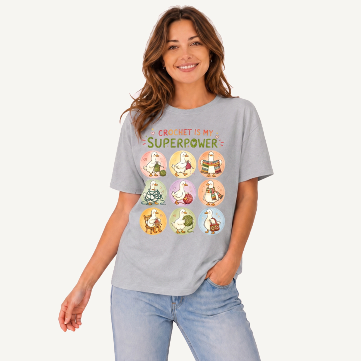 Crafty Duck Crochet Club Print Crew Neck Cotton Tee