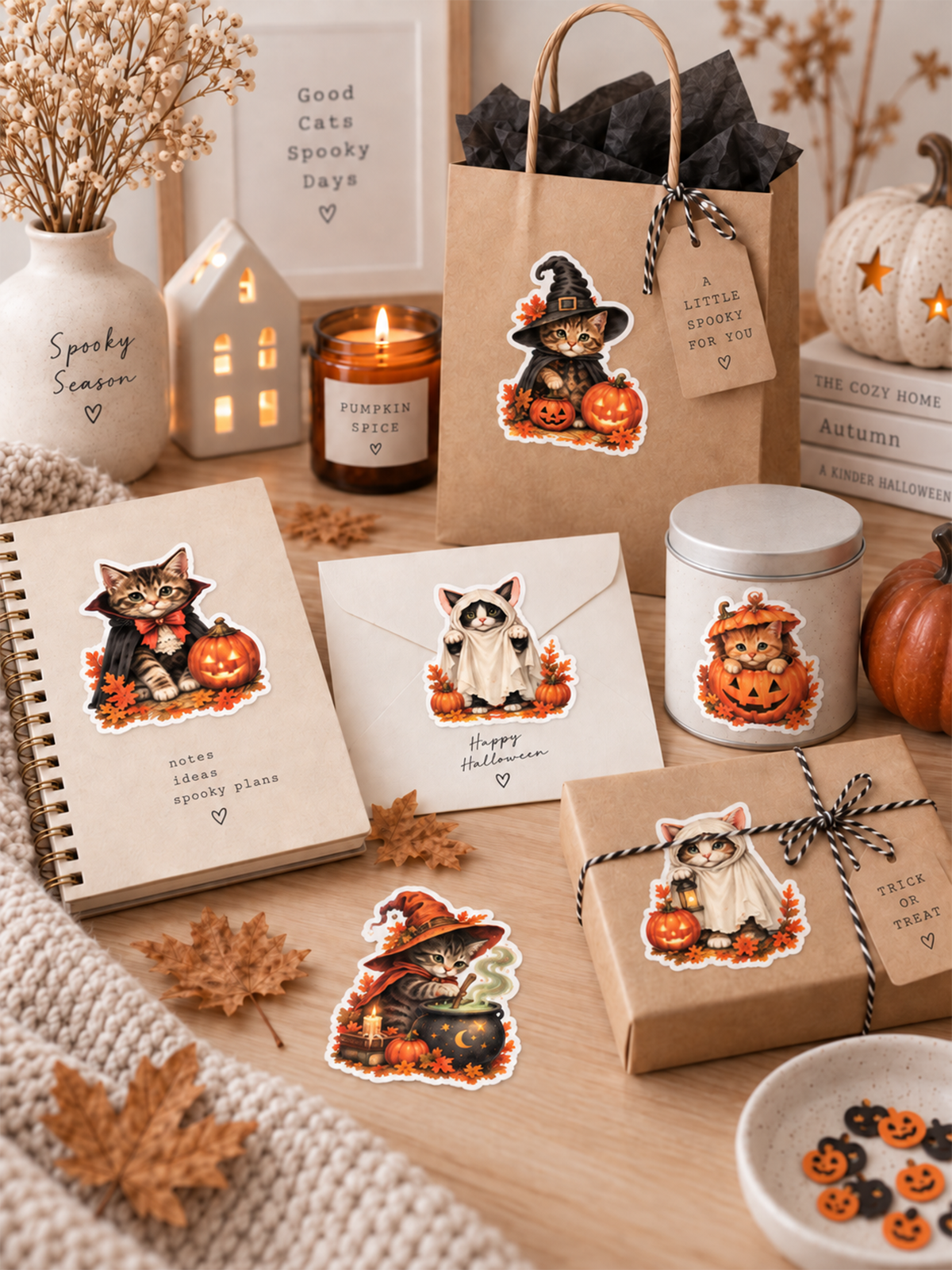 Whimsical Halloween Cats Stickers