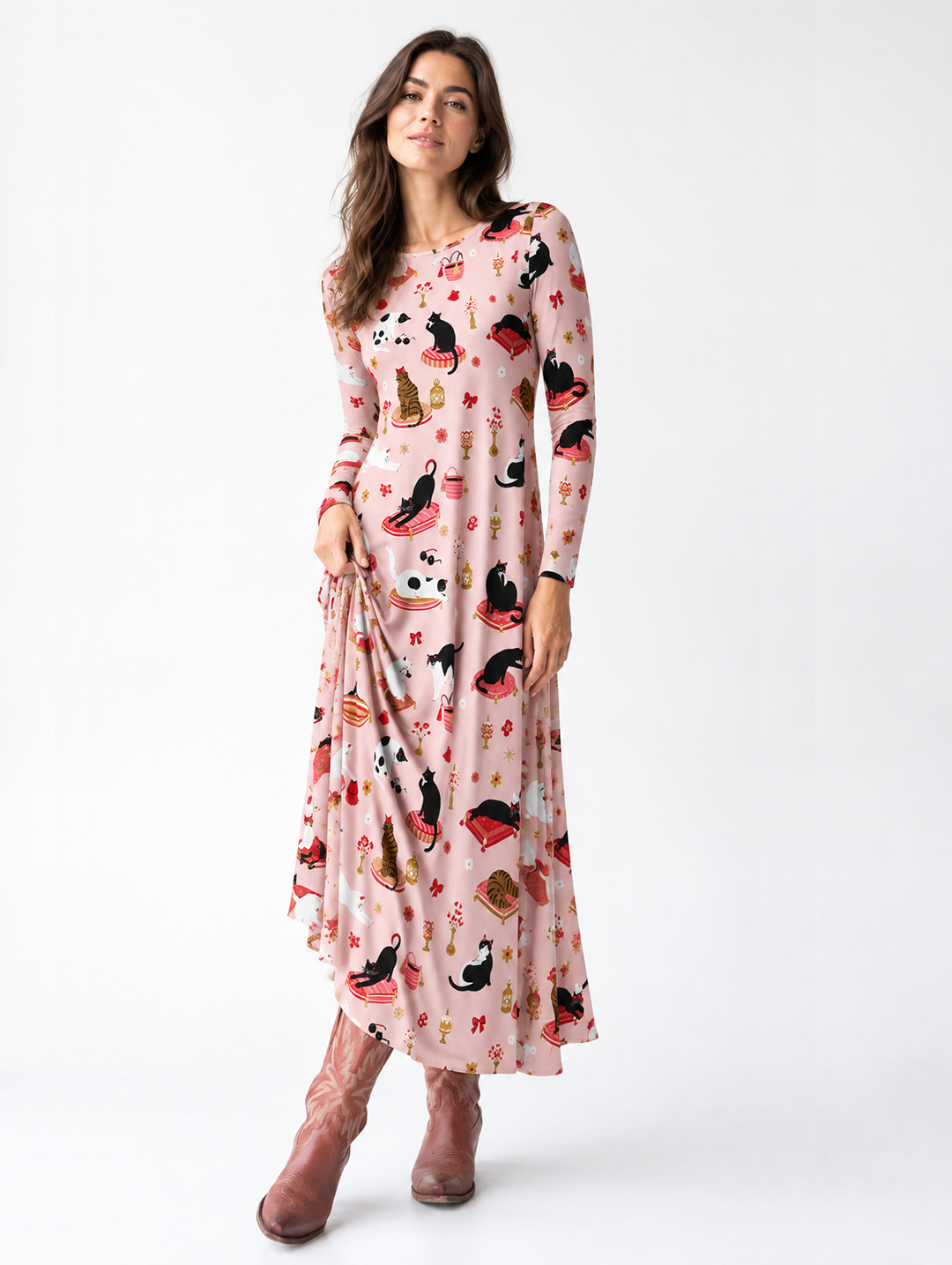 Whimsical Cat Lounge Long Sleeve Maxi Dress with Pockets