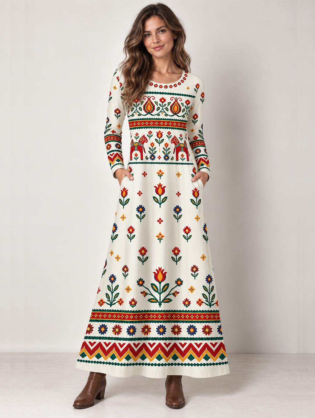 Scandinavian Folk Horse & Tulip Long Sleeve Maxi Dress with Pockets