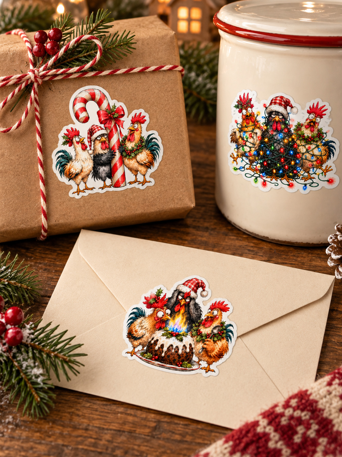 Festive Christmas Chickens Stickers