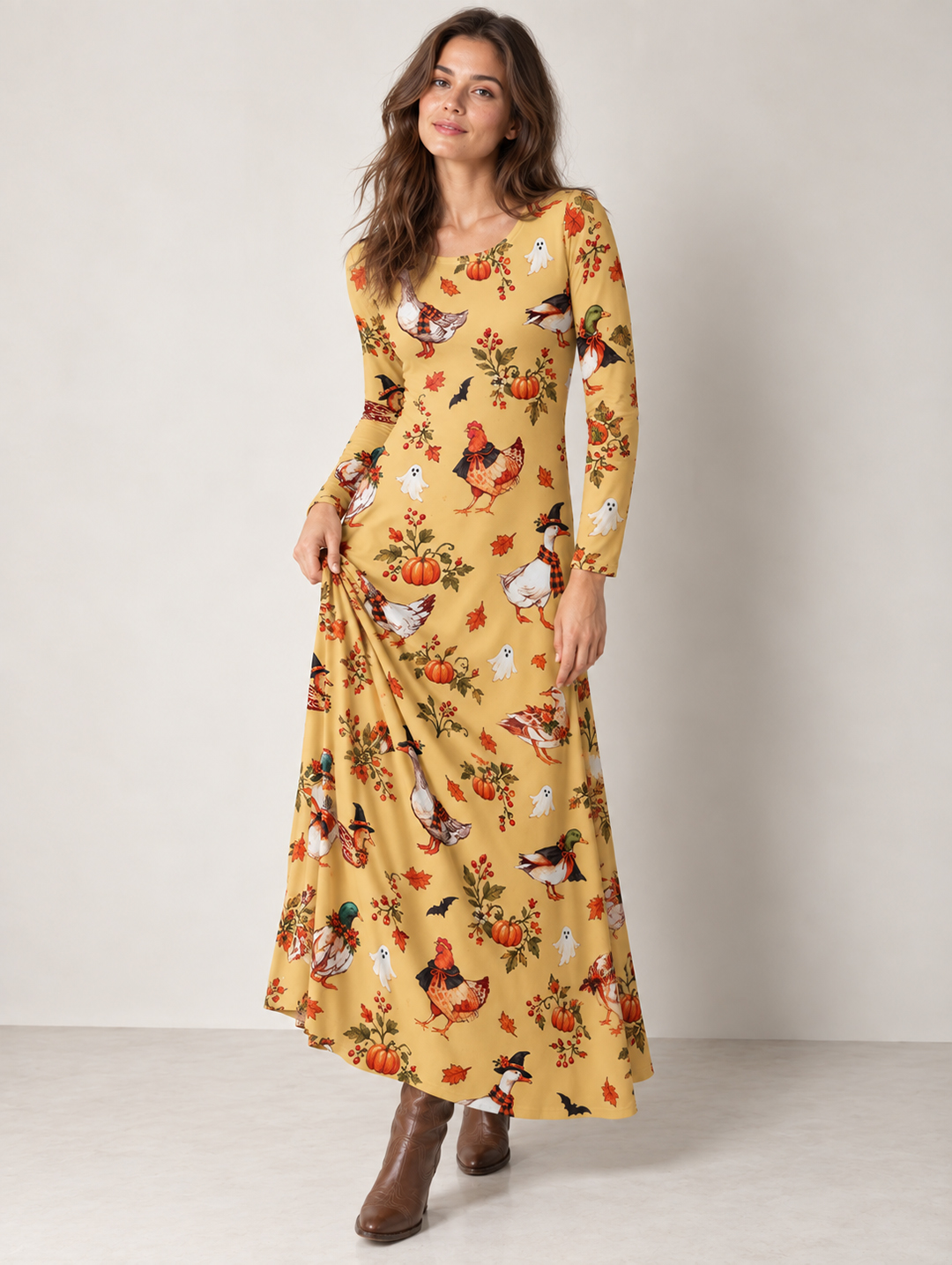 Whimsical Halloween Duck & Chicken Long Sleeve Maxi Dress with Pockets