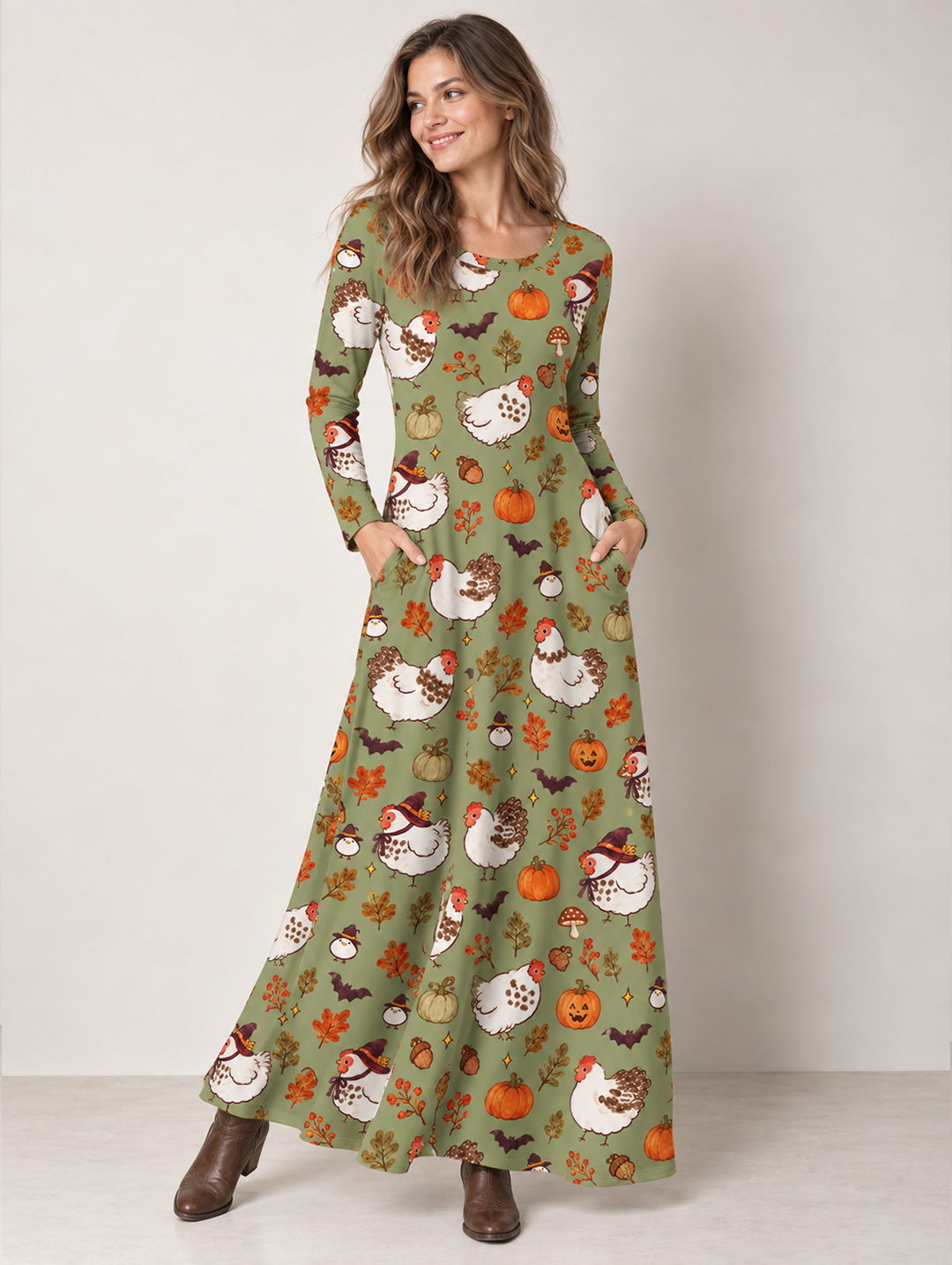 Cozy Autumn Chicken & Pumpkin Long Sleeve Maxi Dress with Pockets