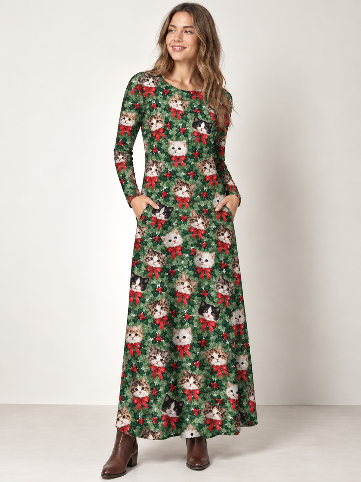 Holly Jolly Christmas Cats Print Soft-Touch Stretch Knit Long Sleeve Maxi Dress with Pockets