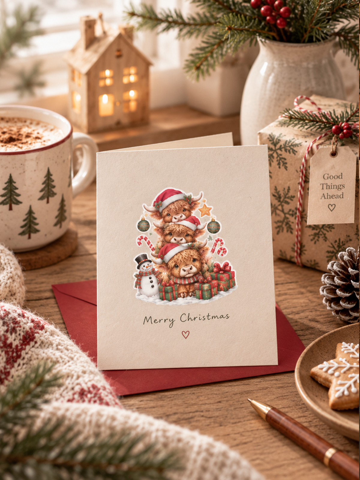 Festive Highland Cow Christmas Stickers