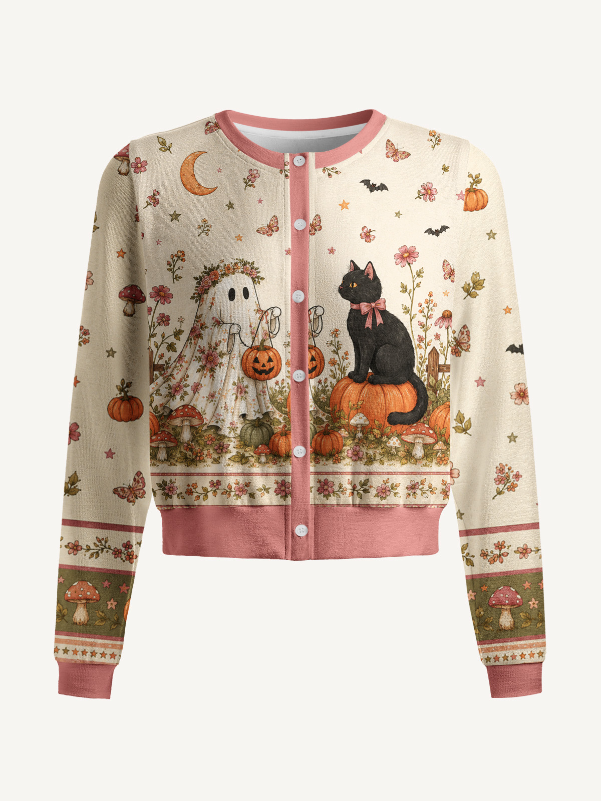Lightweight Crew Neck Long‑Sleeve Cropped Garden Pumpkin Cat & Ghost Print Fine‑Knit Cardigan