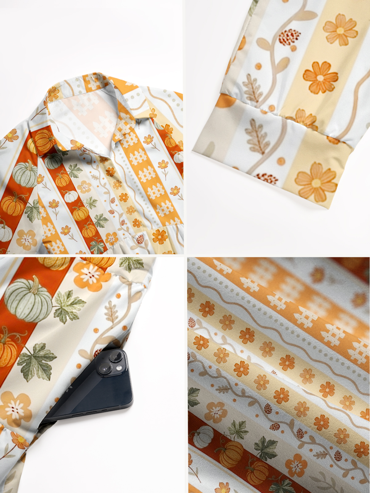 V Neck Collared Autumn Pumpkin Patch Stripe Print Casual Midi Dress With Pockets