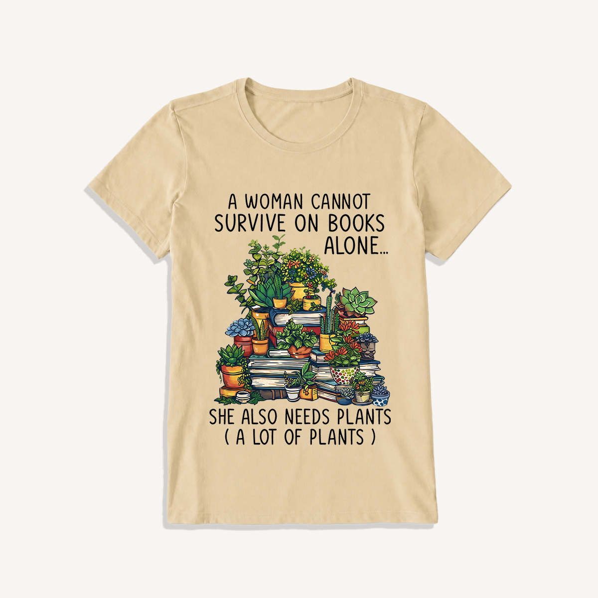 Books and Potted Plants Print Crew Neck Cotton Tee