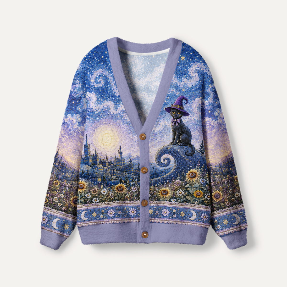 Starry Night Magic Garden Black Cat Print Ugly Cardigan Sweaters