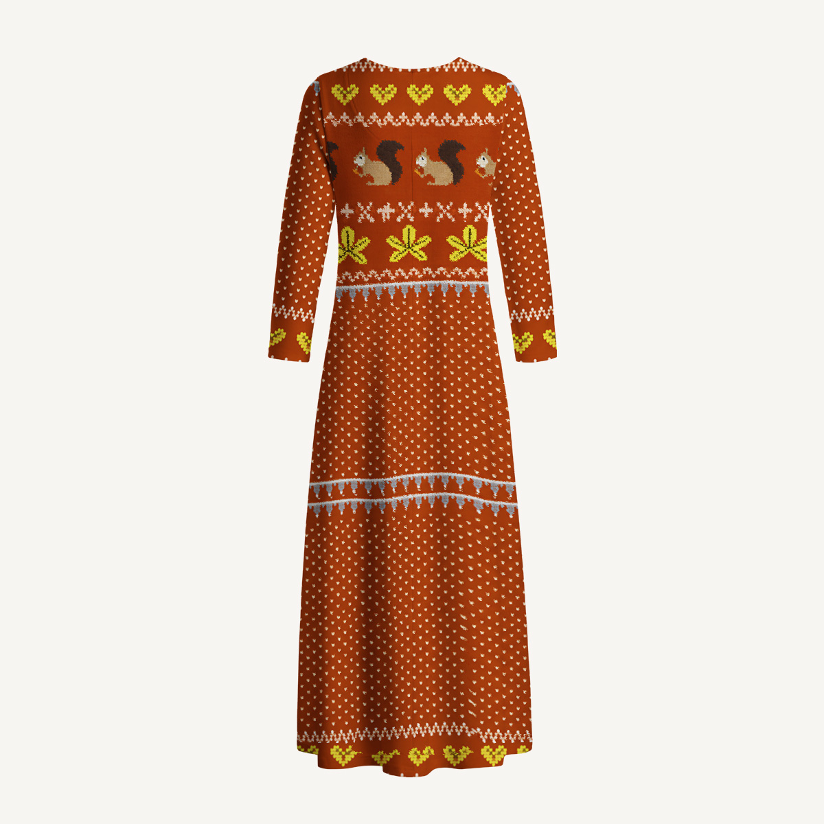 Autumn Woodland Squirrel Print Soft-Touch Stretch Knit Long Sleeve Maxi Dress with Pockets