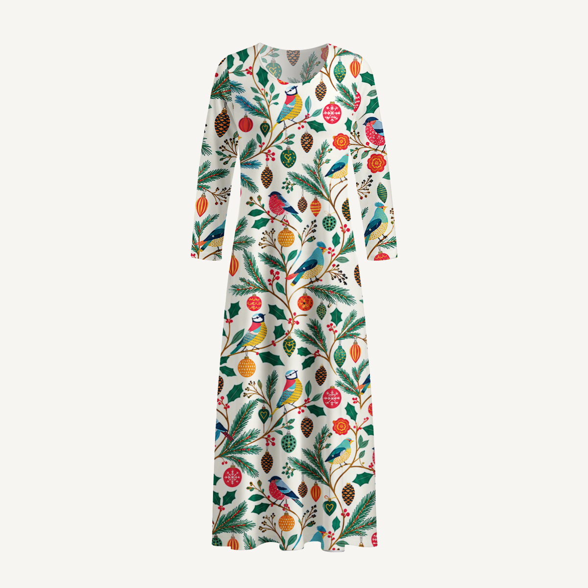 Christmas Birds & Ornaments Print Soft-Touch Stretch Knit Long Sleeve Maxi Dress with Pockets