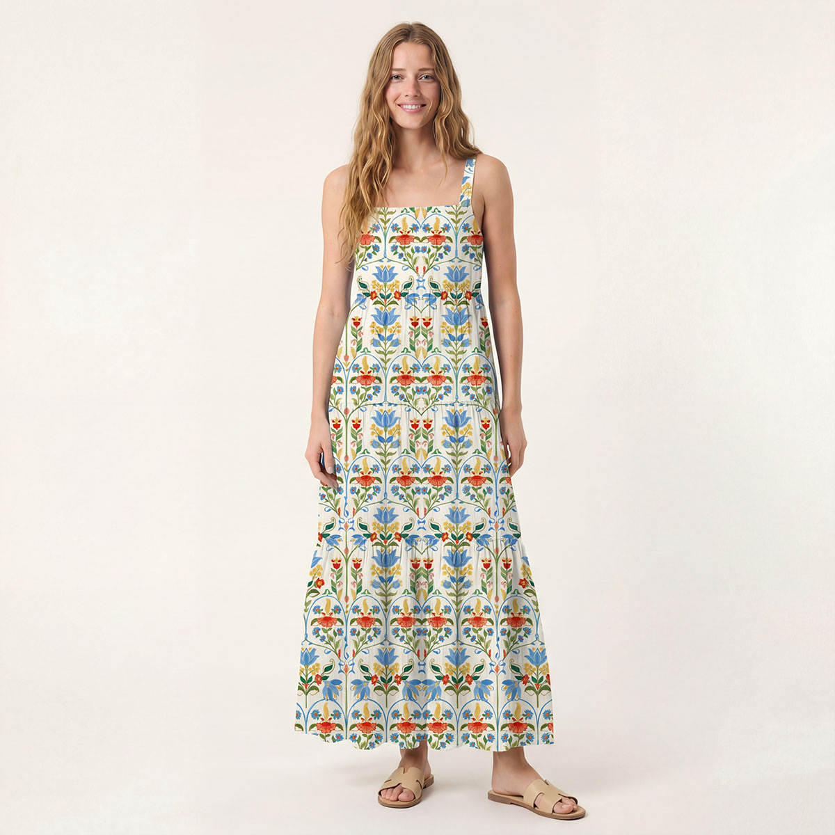 Square Neck Folk Bloom Print Slip Dress