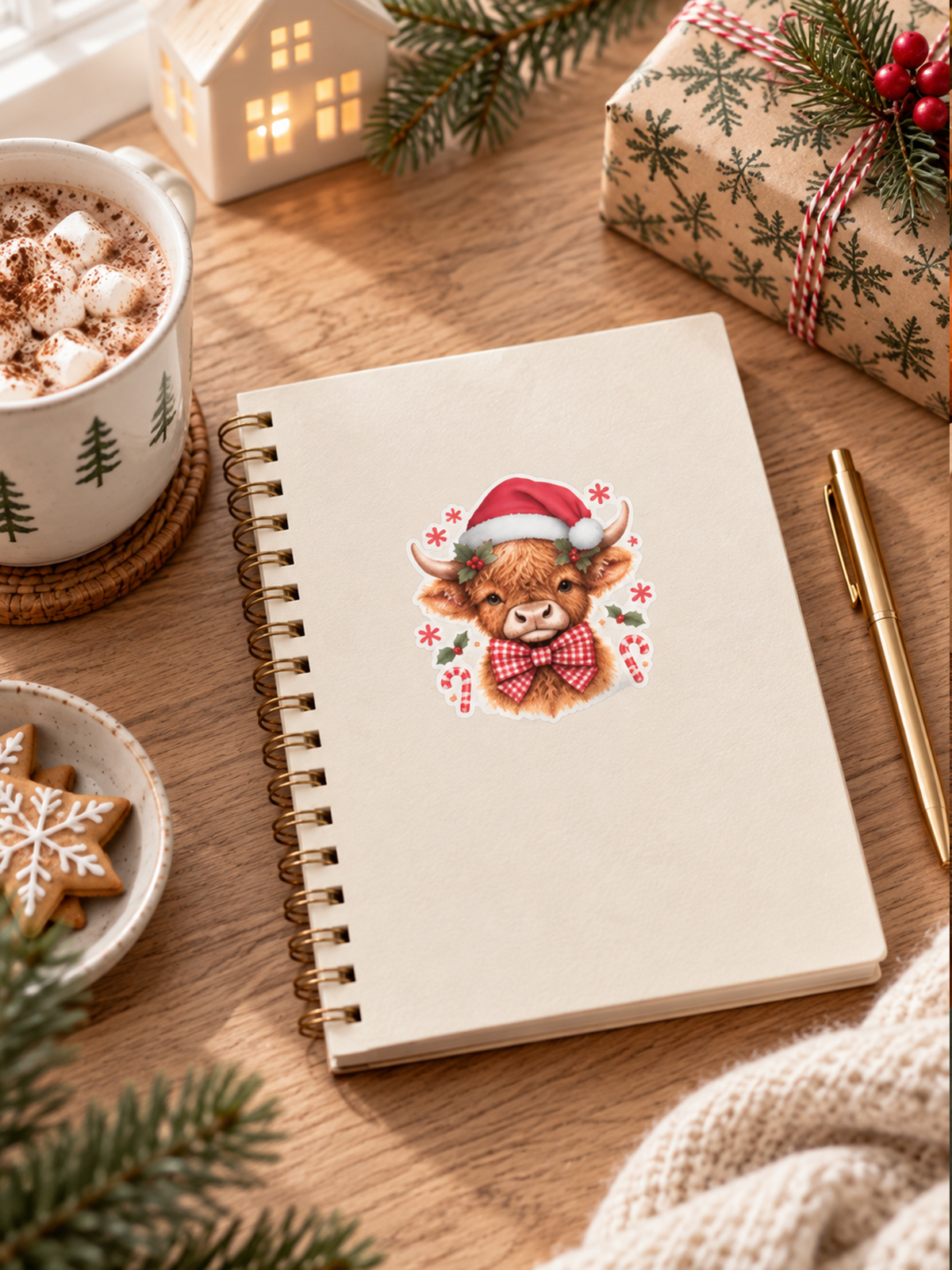 Festive Highland Cow Christmas Stickers