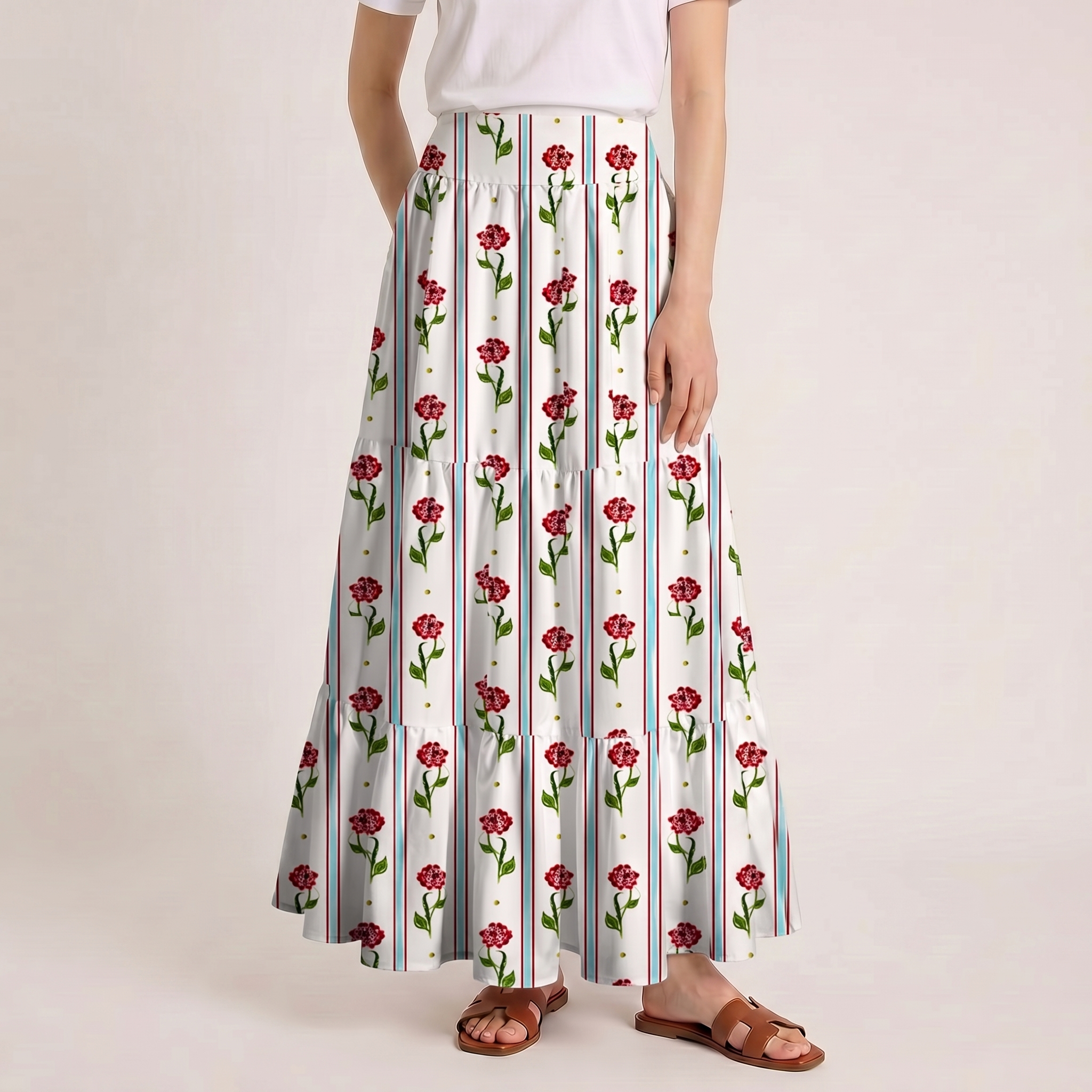 Crimson Dianthus Print Maxi Skirt