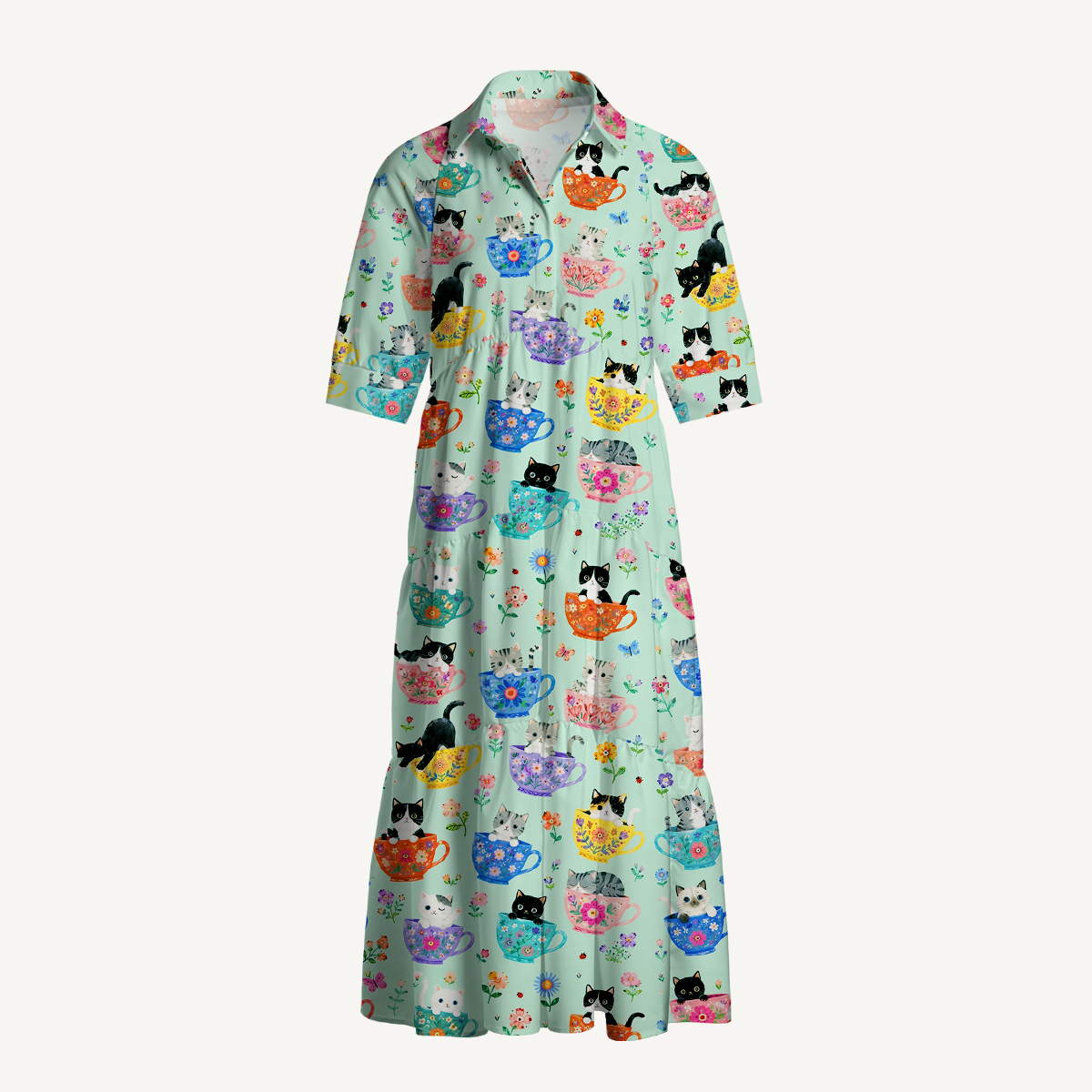 Cute Teacup Kitten Print Casual Midi Dress With Pockets