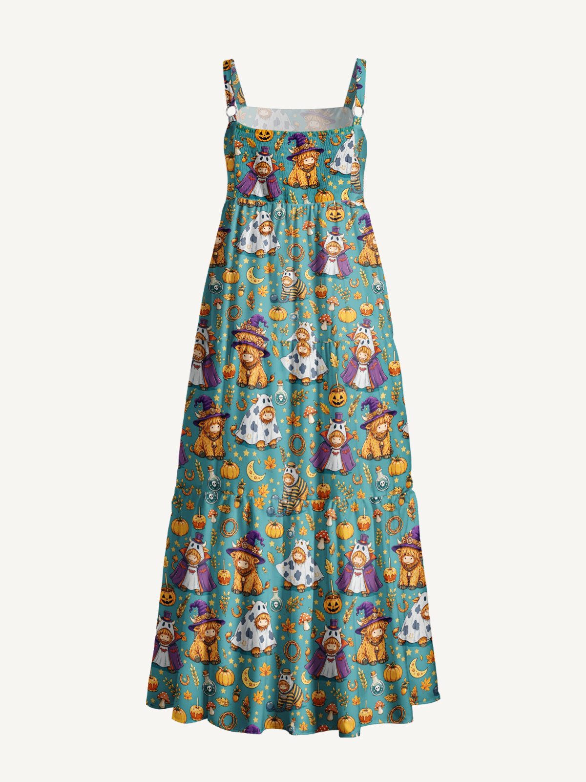 Halloween Highland Cow Party Print Wide Straps Maxi Dress With Pockets