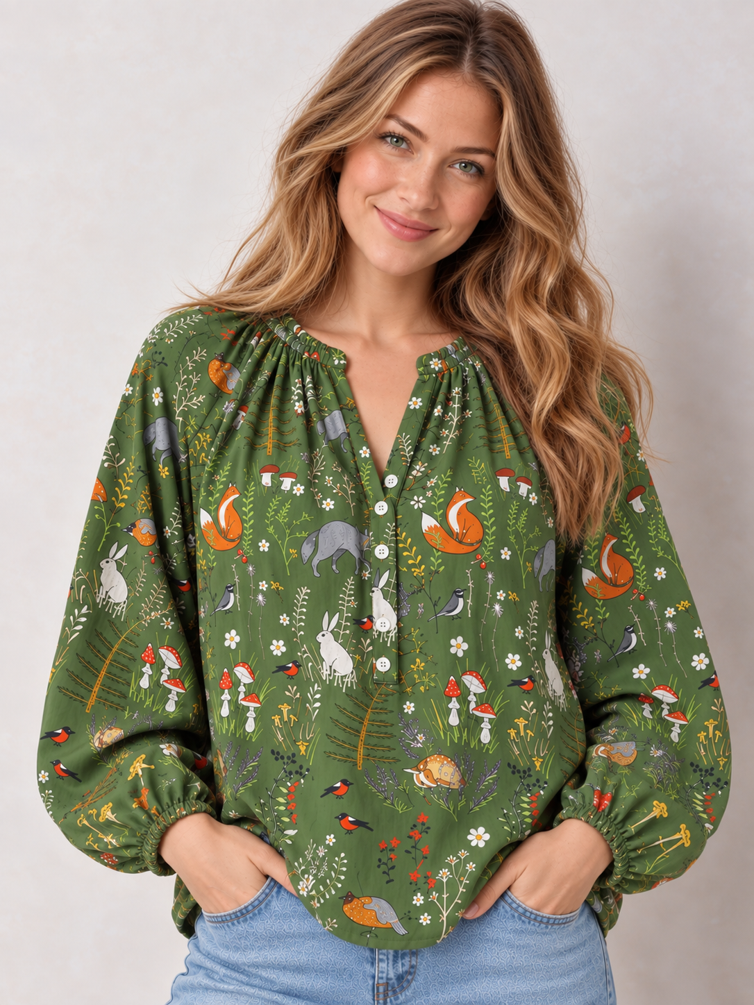 Whimsical Woodland Animals Print Boho Long Sleeve Tie‑Neck Blouse